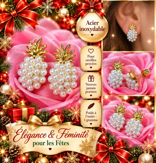 🍍 Boucles d’oreilles ananas dorées en acier inoxydable – Perles blanches – Neuves ✨