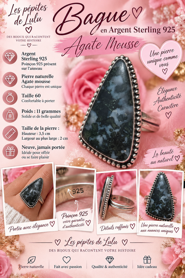 💍 Bague en Argent Sterling 925 – Agate Mousse 🌿✨