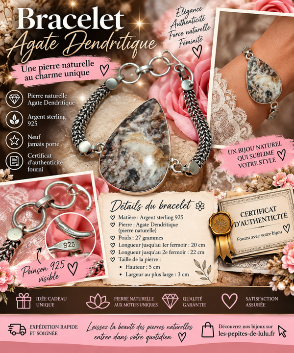 💎 Bracelet en argent sterling 925 & Agate dendritique naturelle – Certificat d’authenticité