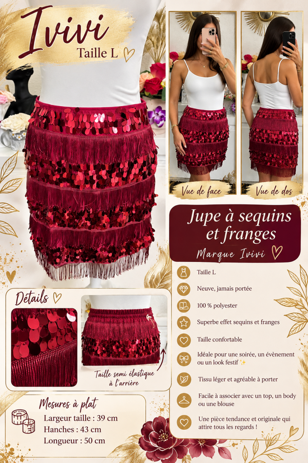 ✨ Jupe à sequins et franges Ivivi – Taille L – Neuve ✨