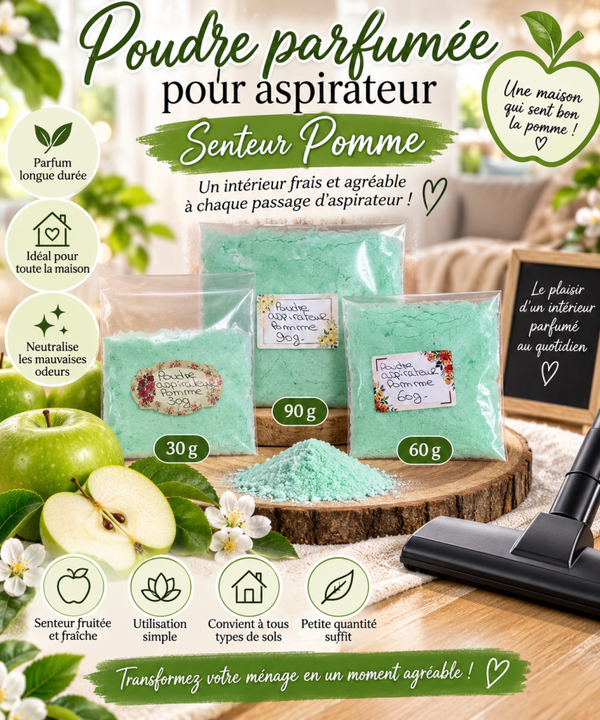 🍏 Poudre parfumée pour aspirateur – Senteur Pomme – 30 g / 60 g / 90 g