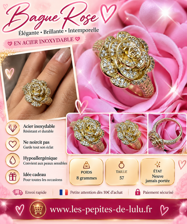 🌹 Bague Rose Dorée en Acier Inoxydable – Taille 57 – Neuve ✨