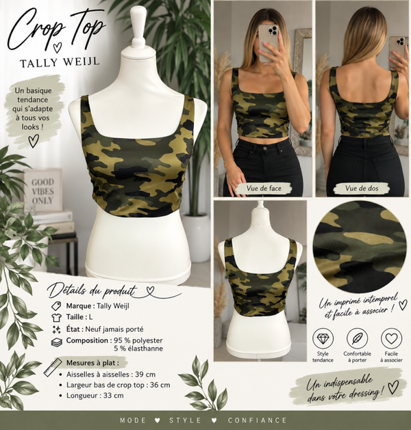 🖤 Crop top camouflage Tally Weijl – Taille L – Neuf