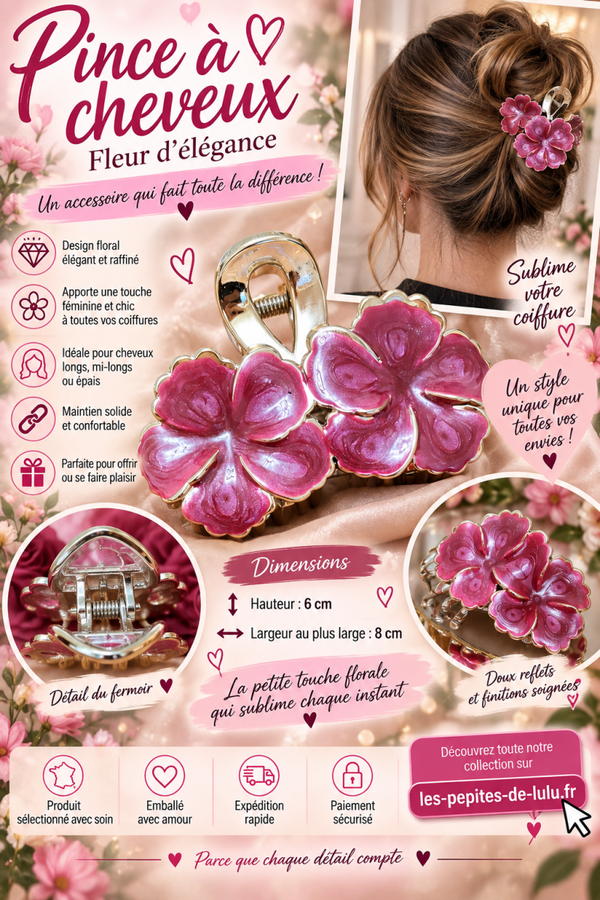 🌸 PINCE À CHEVEUX FLEURS ROSES & DORÉES 🌸
