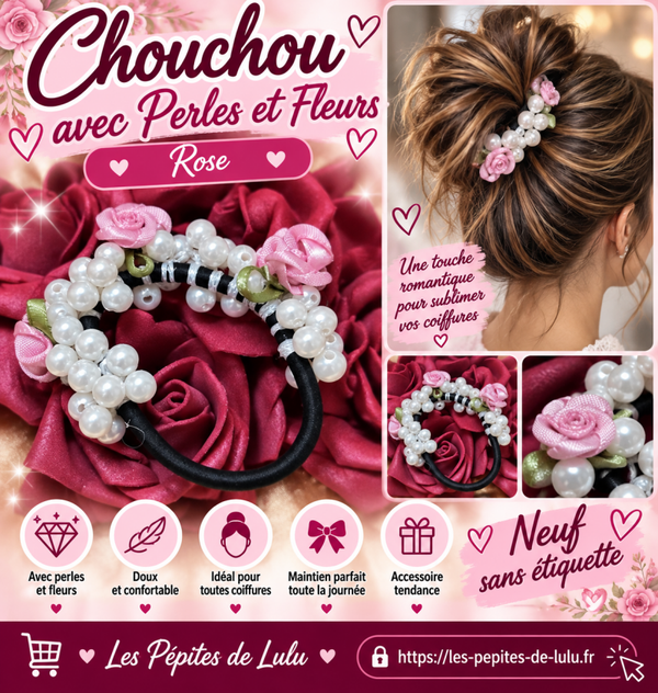 🌸 Chouchou avec perles & fleurs roses – Neuf sans étiquette 🤍