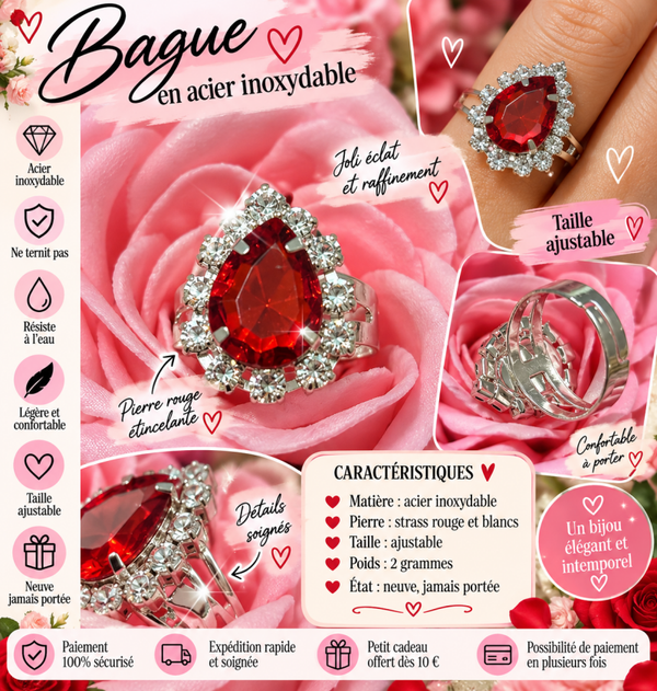 💍 Bague femme acier inoxydable – Pierre rouge – Taille ajustable ❤️✨