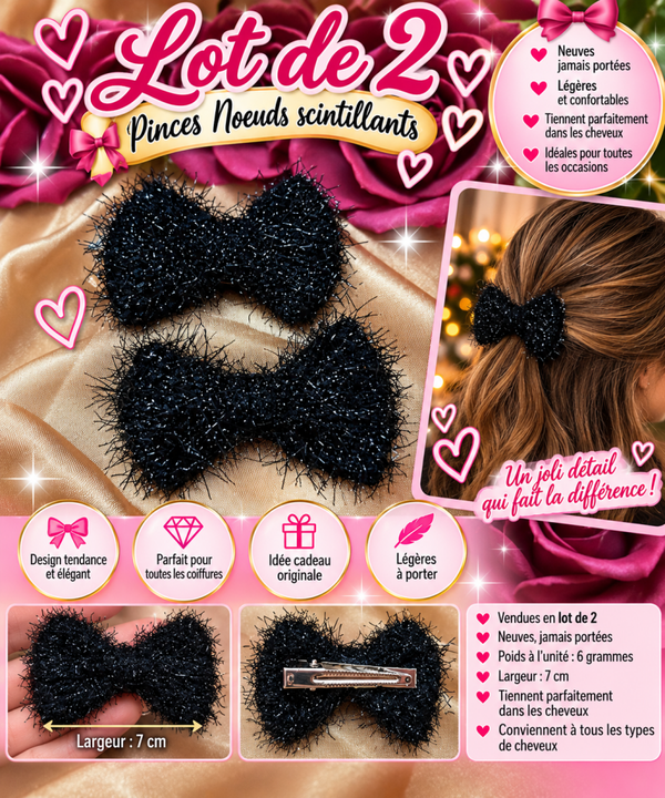 🎀 Lot de 2 barrettes nœuds noirs scintillants ✨