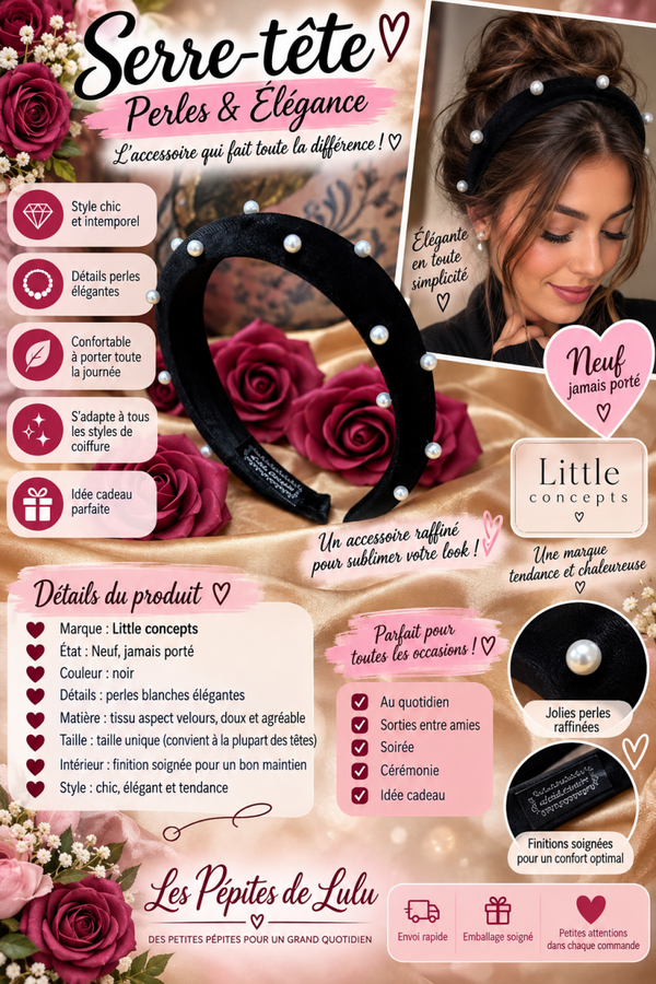 Serre-tête noir à perles blanches Little Concepts – Neuf ✨