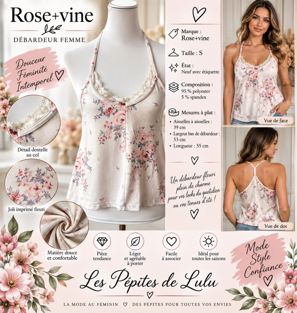 🌸 Débardeur Rose+Vine fleuri – Taille S – Neuf avec étiquette