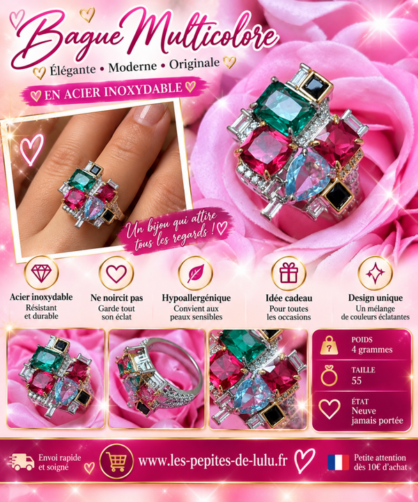 💍 Bague Multicolore en Acier Inoxydable – Taille 55 – Neuve ✨💖