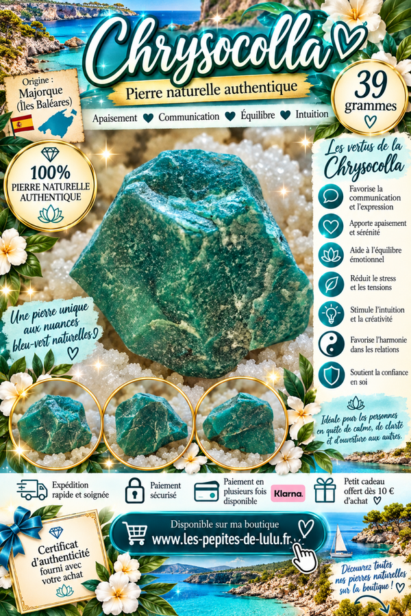 💎 Chrysocolla brute – 39 g – Pierre naturelle – Majorque