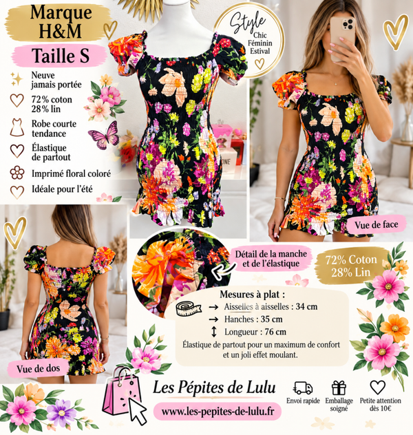 🌸 Robe courte fleurie H&M – Taille S – Neuve – Coton et lin – Élastique