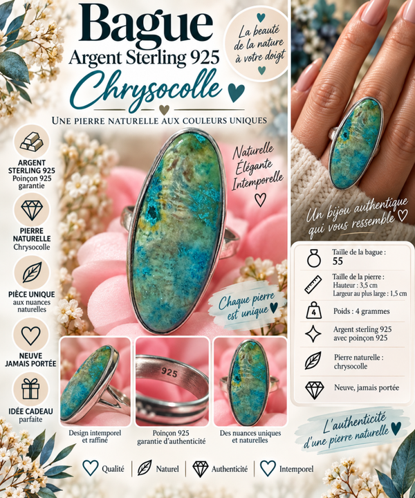 💎 Bague en argent sterling 925 – Chrysocolle naturelle – Taille 55