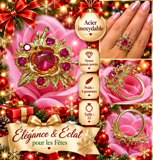 💍 Bague femme dorée en acier inoxydable – Fleur et pierres roses – Taille 53 ✨
