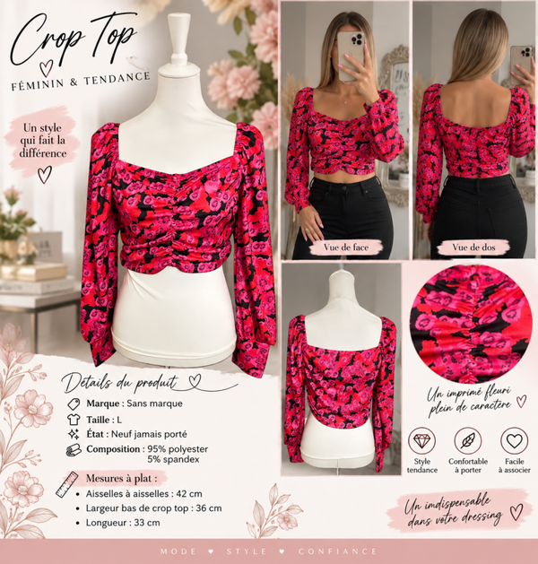 🌸 Crop top fleuri femme – Taille L – Neuf