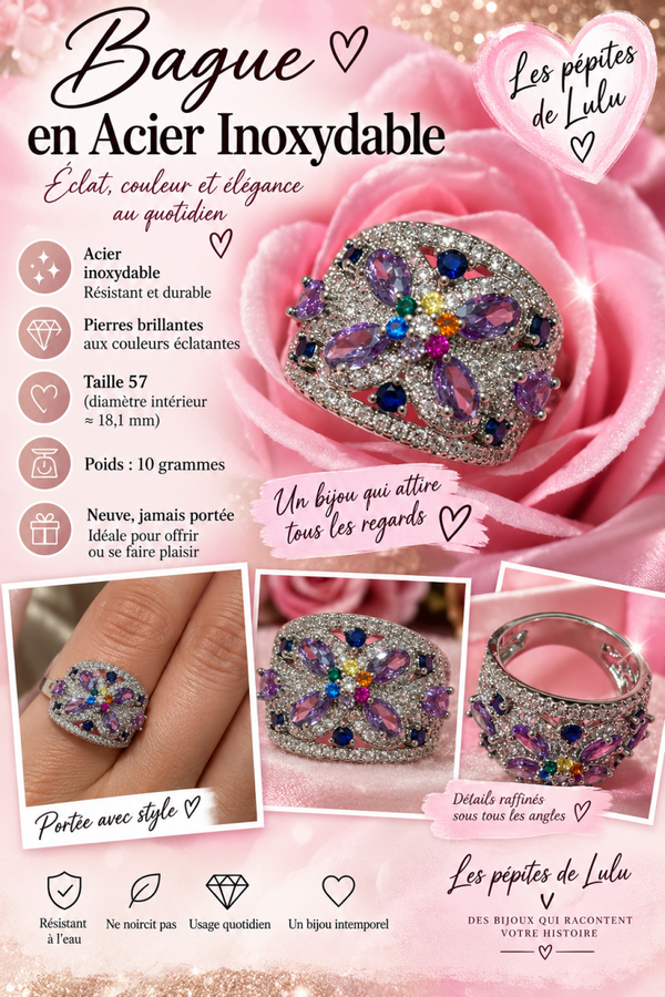 💍 Bague fleur multicolore en acier inoxydable – Taille 57