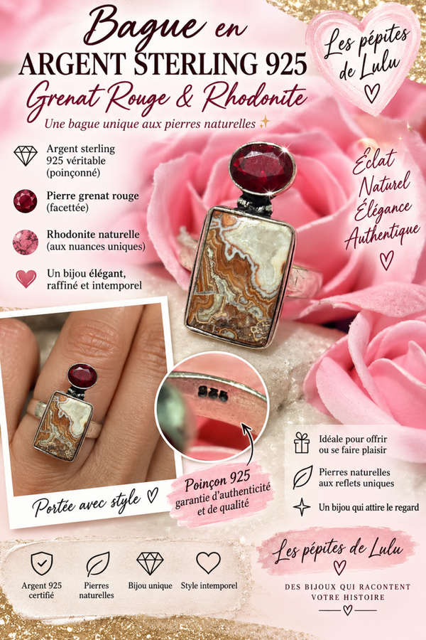 💍 Bague en argent sterling 925 – Grenat rouge & pierre naturelle