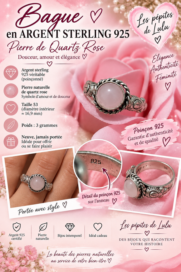 💍 Bague en argent sterling 925 – Quartz rose naturel – Taille 53