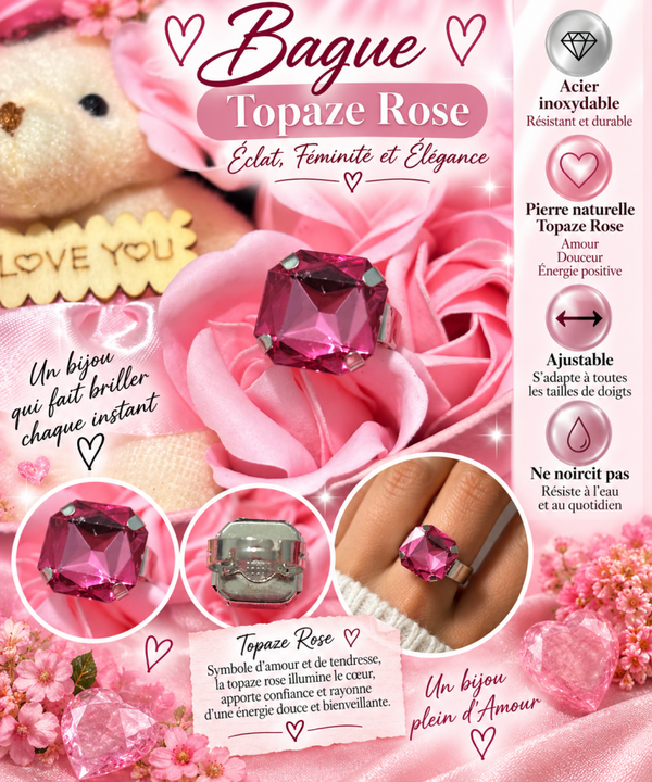 💓 Bague topaze rose acier inoxydable ajustable