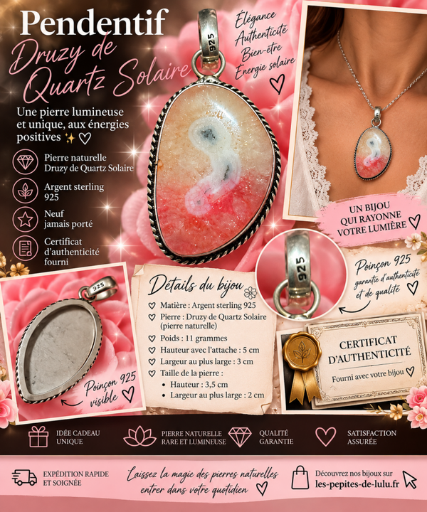 💎 Pendentif Druzy de Quartz Solaire – Argent Sterling 925 💎