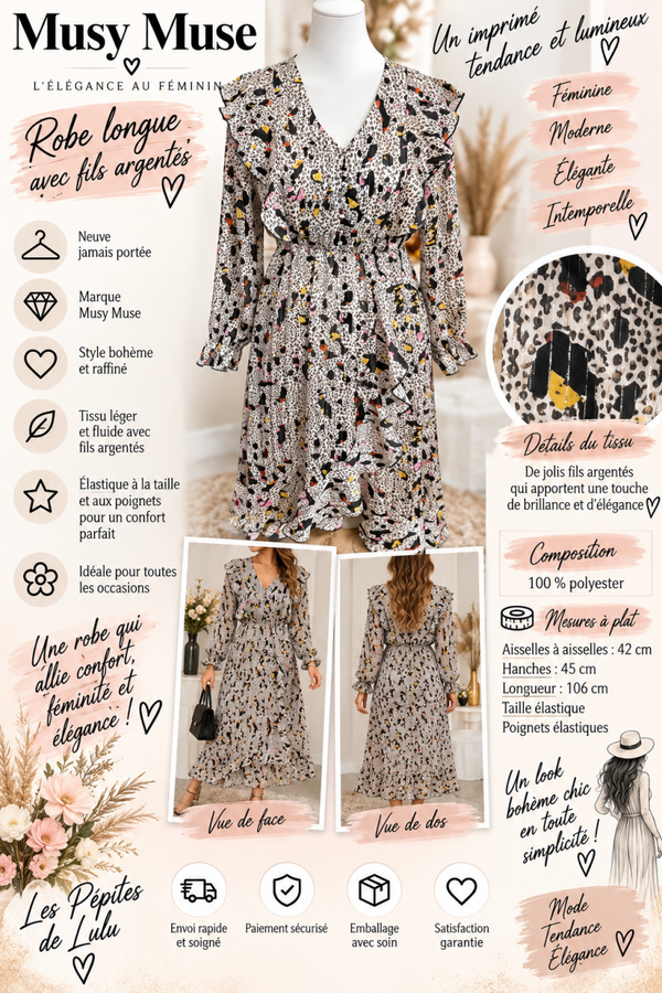 ✨ Robe longue Musy Muse à fils argentés – Taille S/M ✨