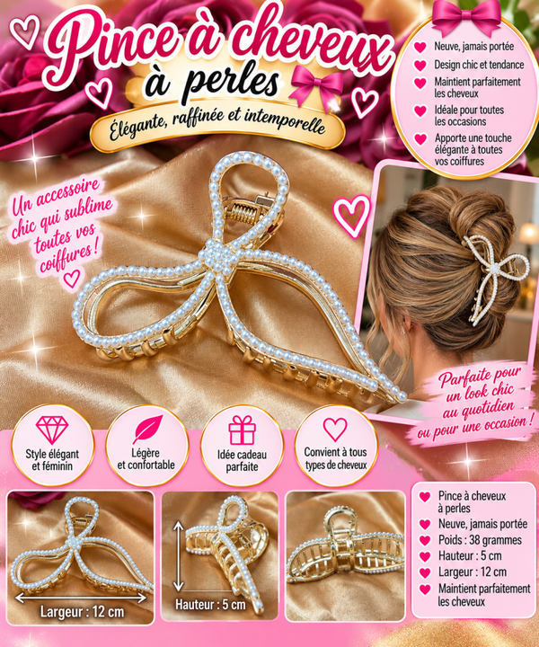 🎀 Pince à cheveux dorée à perles – Grand nœud élégant ✨