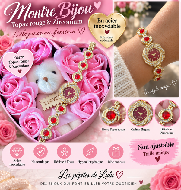❤️ Montre bijoux topaze rouge et zirconium acier inoxydable🌟