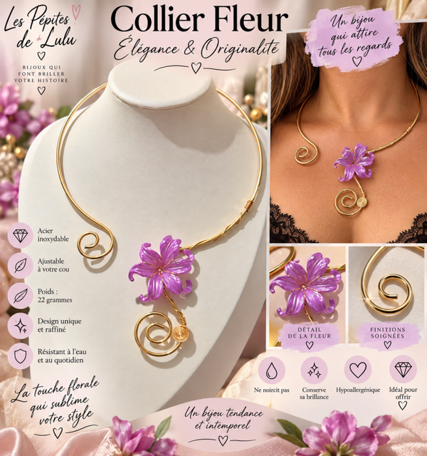 Collier fleur violet – Acier inoxydable doré – Ajustable – 22 g