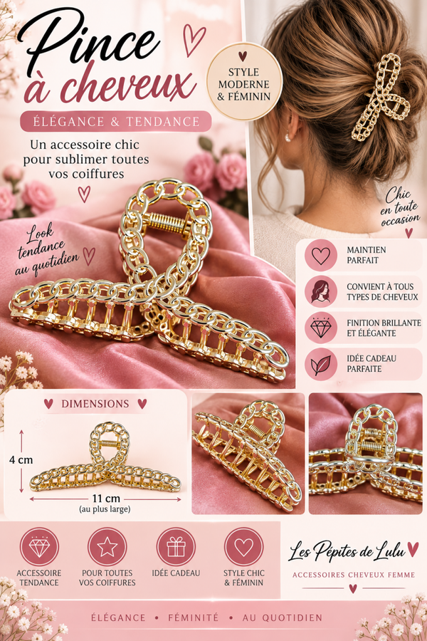 ✨ Pince à cheveux dorée effet chaîne – 11 cm – Femme