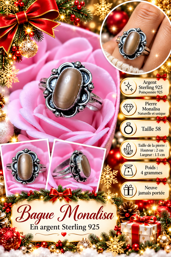 💍 Bague femme en argent sterling 925 avec pierre Monalisa – Taille 58 – Bijou élégant et raffiné 💎