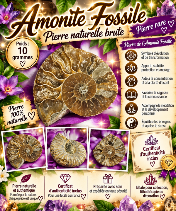 🐚 Ammonite fossile naturelle – 10 g | Pierre rare | Certificat d’authenticité