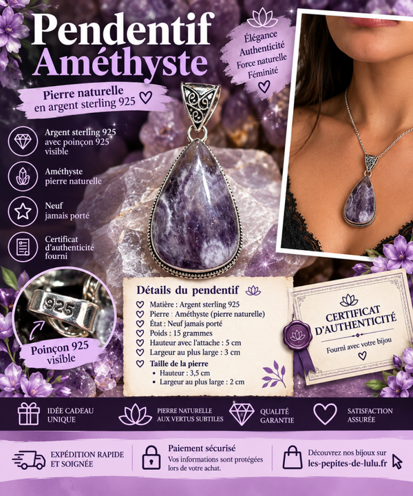 💜 Pendentif Améthyste naturelle – Argent Sterling 925 💜