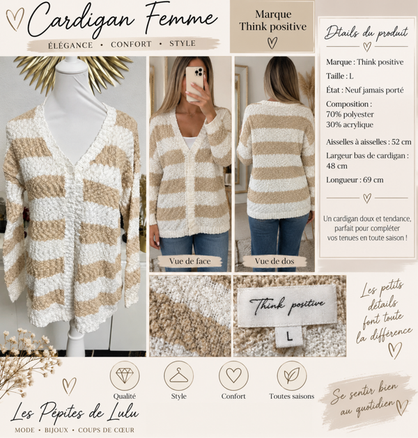 🤍 Cardigan Femme Think Positive – Taille L 🤍