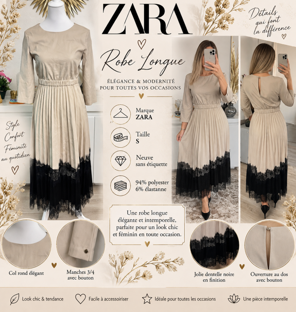 Robe longue Zara beige & noire- Taille S- Neuve🌟