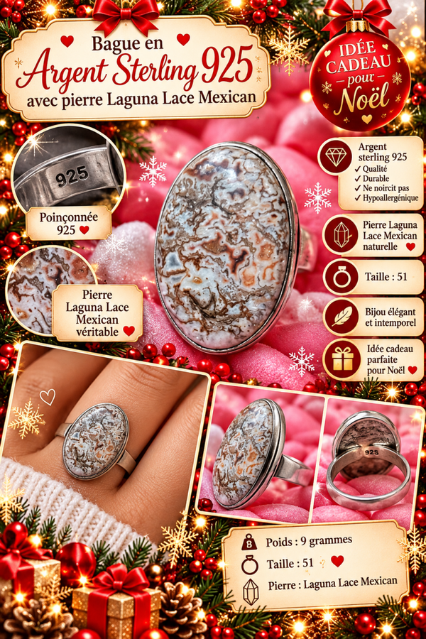 💍 Bague en Argent Sterling 925 – Pierre Laguna Lace Mexican Naturelle – Taille 51 – Poinçonnée 925