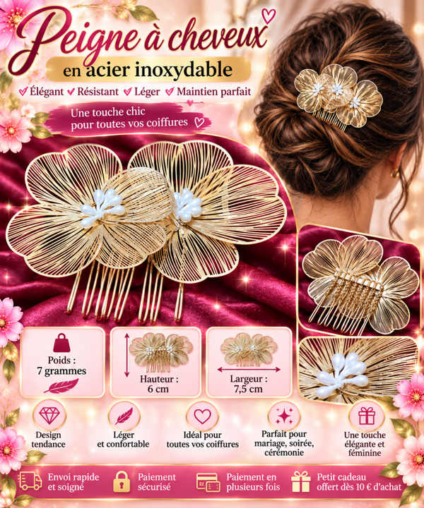 🌸 Peigne à cheveux fleuri en acier inoxydable – Élégant & raffiné ✨