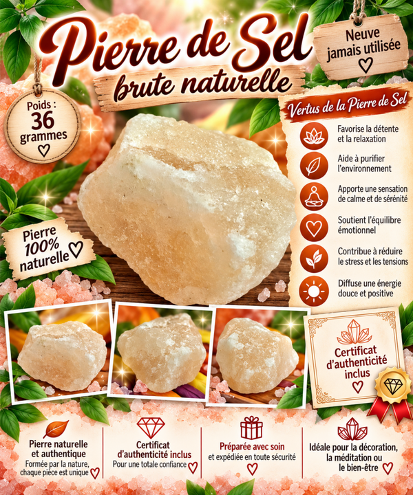 🧂 Pierre de Sel brute naturelle – 36 g | Certificat d’authenticité inclus 💎