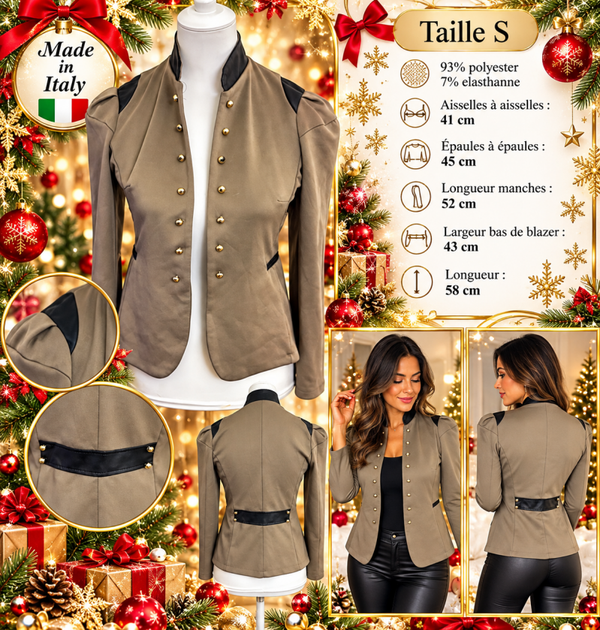 Blazer femme Made in Italy taille S – Taupe, noir et boutons dorés – Style chic et élégant