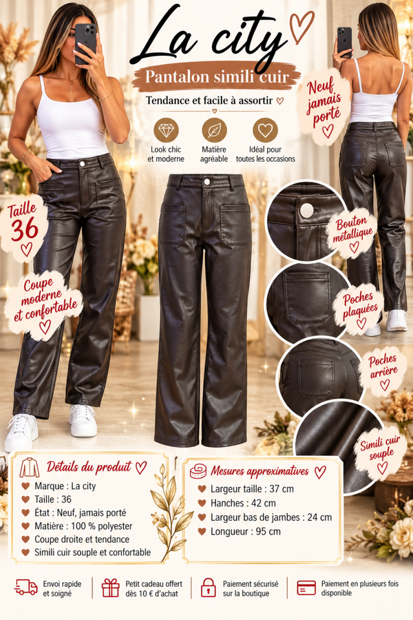 🖤 Pantalon simili cuir LA CITY femme – Taille 36 ✨