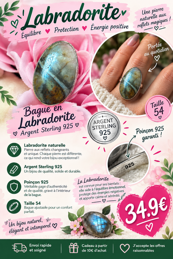 Bague labradorite en argent, sterling, 925