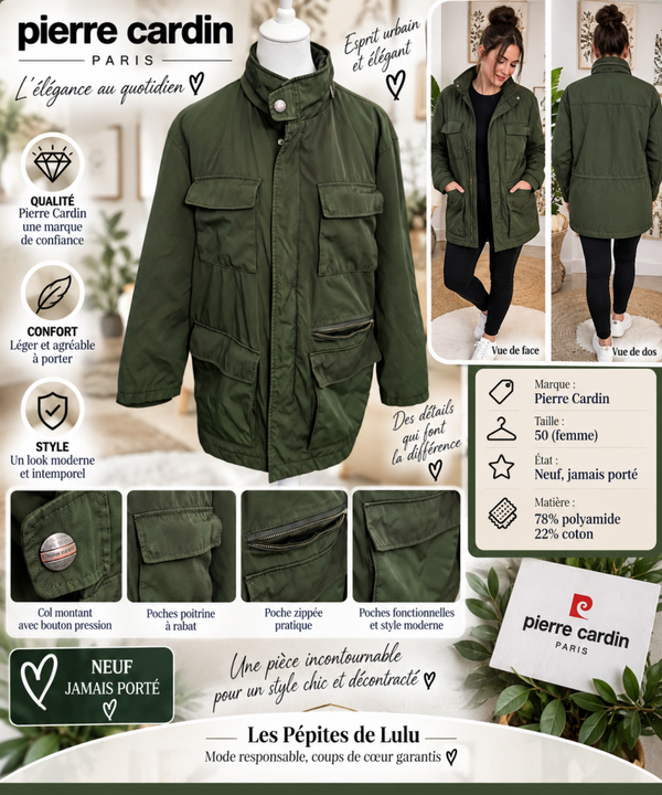 🧥 Veste / manteau femme Pierre Cardin – Taille 50 – Kaki – Neuf
