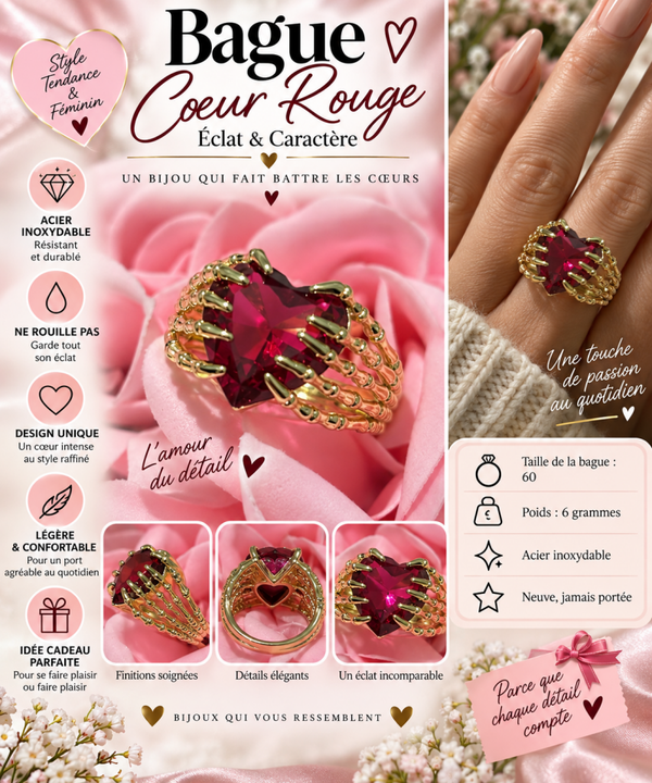 ❤️ Bague cœur rouge en acier inoxydable doré – Taille 60