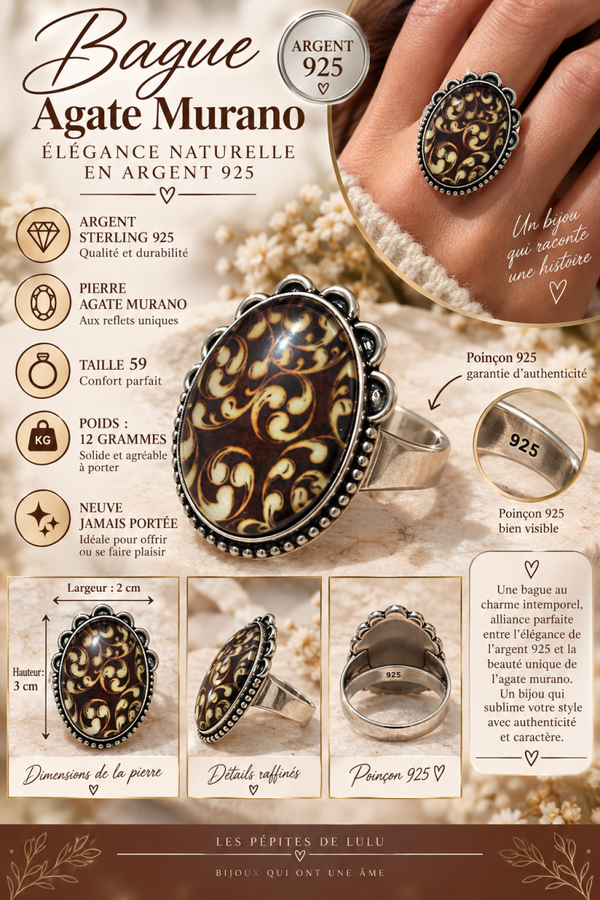 💍 Bague Agate Murano – Argent Sterling 925