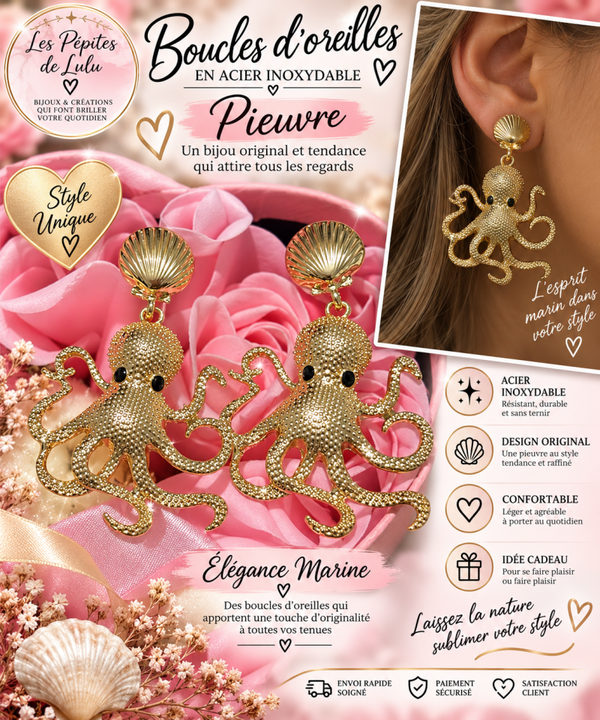 🐙 Boucles d’oreilles pieuvres dorées acier inoxydable