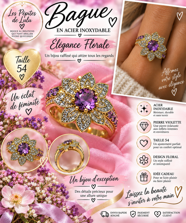 💜 Bague fleur pierre violette en acier inoxydable