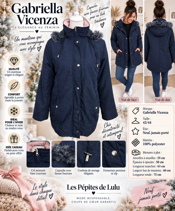 Manteau femme Gabriella Vicenza – Taille 42/44 – Bleu marine – Neuf