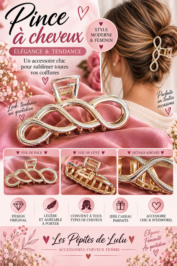 ✨ Pince à cheveux dorée design infini – 9 cm – Femme