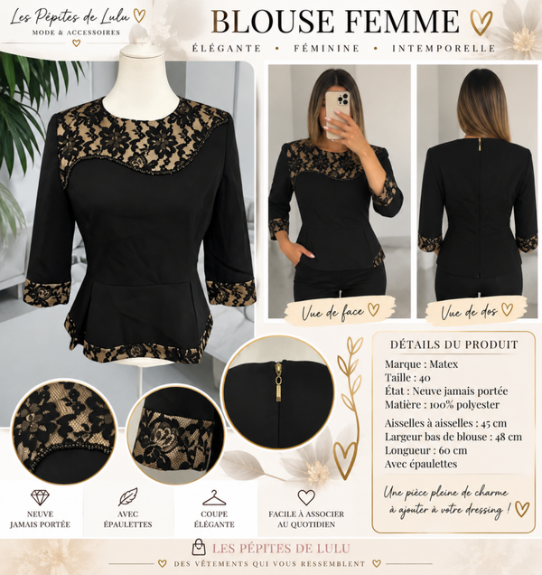 Blouse femme Matex noire & dentelle – Taille 40