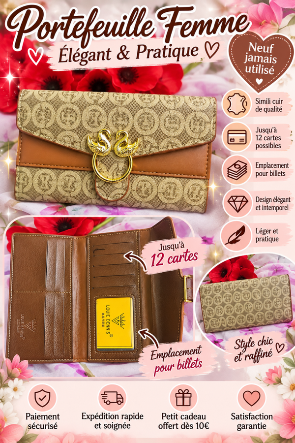 👛 Portefeuille Femme en Simili Cuir – Motif Élégant & Détails Dorés – Neuf