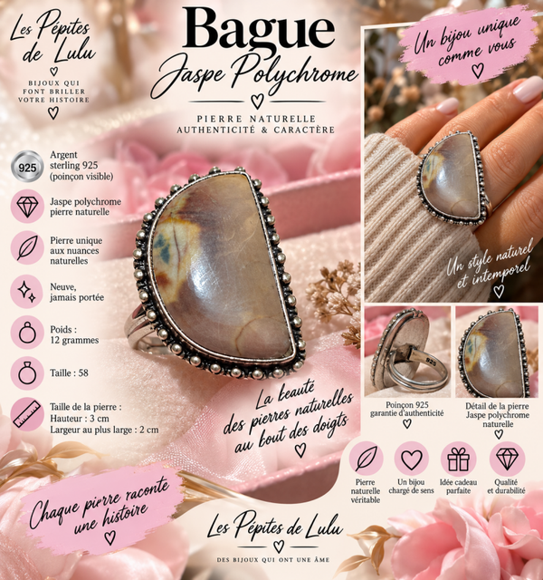 Bague Jaspe Polychrome naturel – Argent Sterling 925 – Taille 58 💎